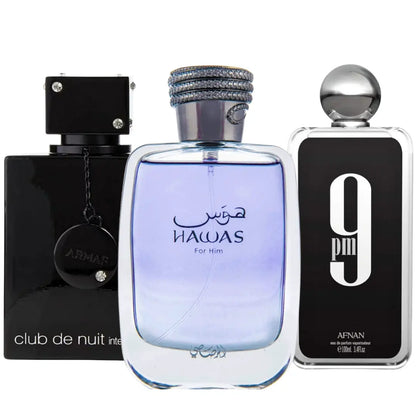 Rasasi Hawas EDP 100Ml + Armaf Club De Nuit Intense EDT 105Ml + Afnan 9PM EDP 100Ml- for MEN - Fragrance Collection Starter Pack Value Bundle Gift, Men'S Colognes, Multi-Pack