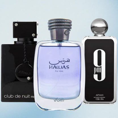 Rasasi Hawas EDP 100Ml + Armaf Club De Nuit Intense EDT 105Ml + Afnan 9PM EDP 100Ml- for MEN - Fragrance Collection Starter Pack Value Bundle Gift, Men'S Colognes, Multi-Pack